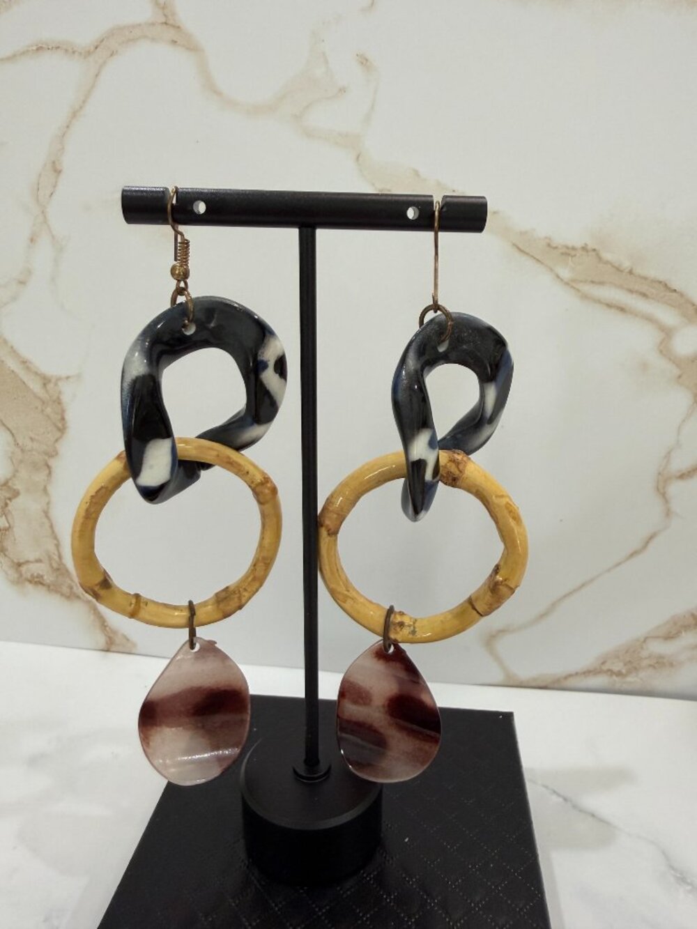 Tortoiseshell Resin Hoop Drop Earrings Bamboo Wood Accent Pierced